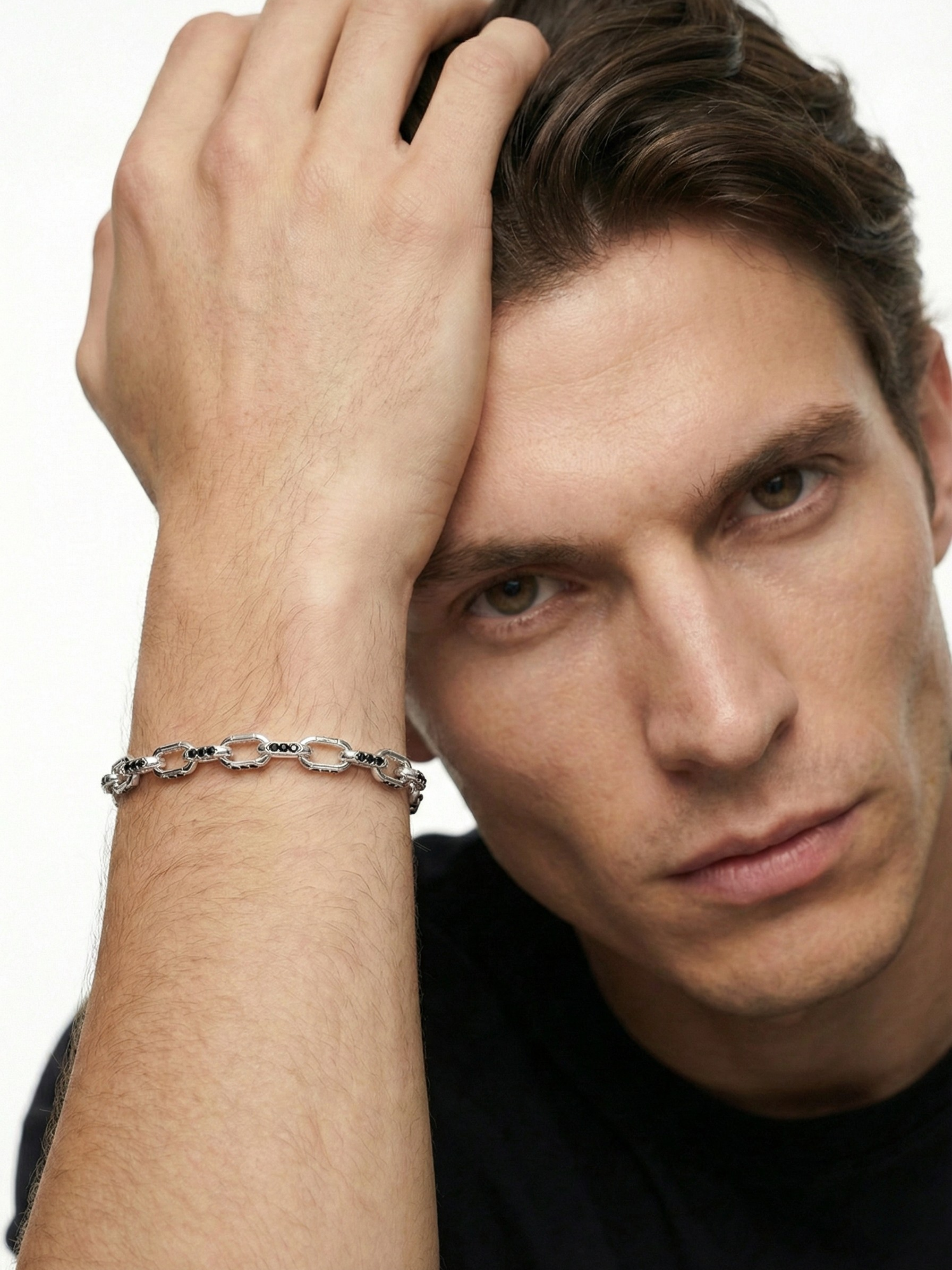 Gümüş Kaplan Charm Siyah Stonelink Zincir Bileklik