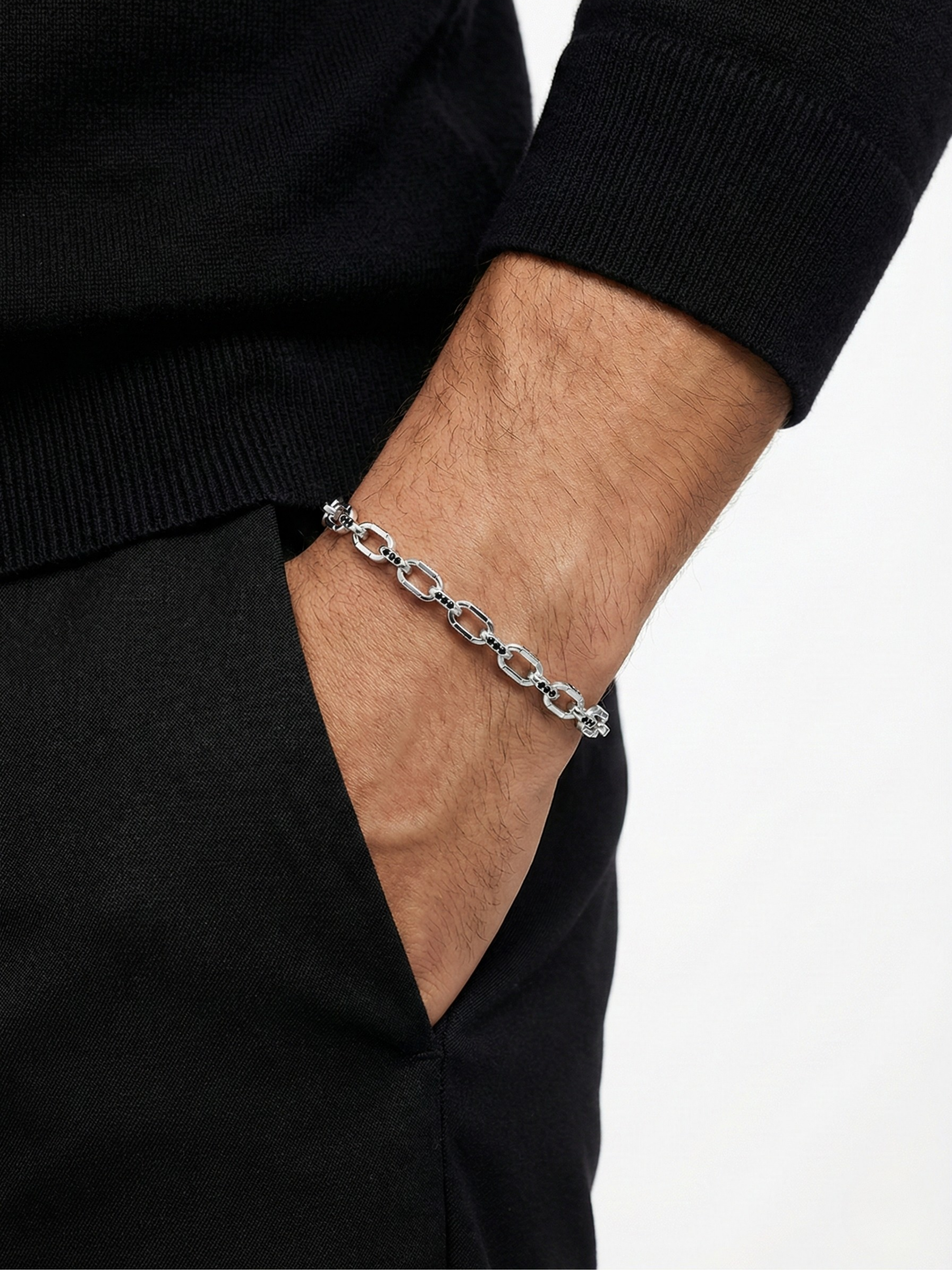 Gümüş Kaplan Charm Siyah Stonelink Zincir Bileklik